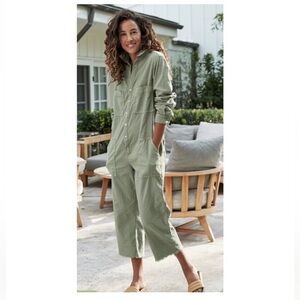 Frank & Eileen Jumpsuit Northern Ireland Raw-Hem Utility Cotton Flax Sage L EUC‎